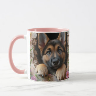 Deutsche Schäferpuppy-Tasse mit Blumendesign - Tasse