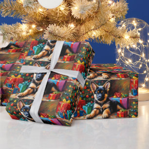 Deutsche Schäferwelpe, Weihnachtsbaum, Geschenke Geschenkpapier