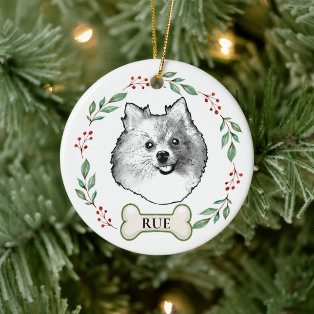 Deutsche Spitz Hund Personalisiert Zeichnend Hand Keramik Ornament (Baum)