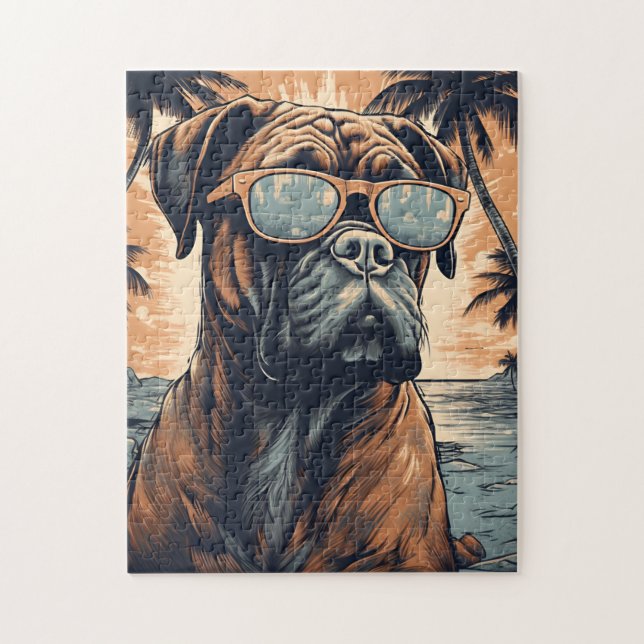 Deutscher Boxer mit Sonnenbrille an einem tropisch Puzzle (Vertikal)