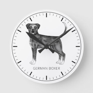 Deutscher Boxerhund in Schwarz-Weiß- und benutzerd Runde Wanduhr