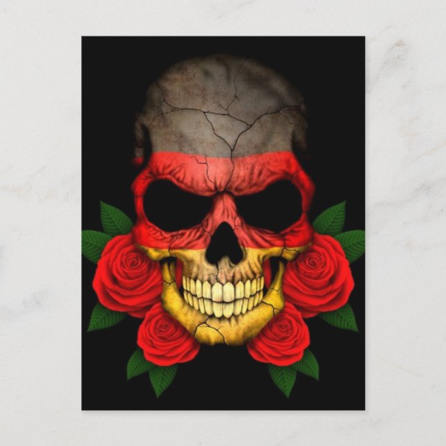 Deutscher Flaggenschädel mit Rote Rosen Postkarte (Vorderseite)