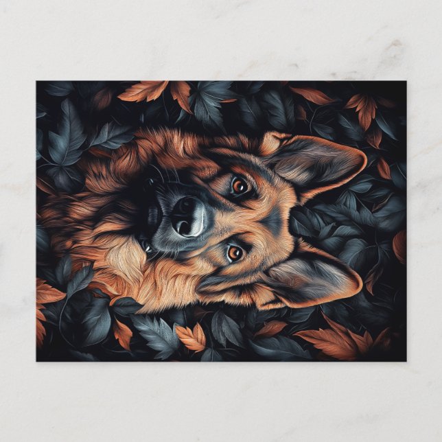 Deutscher Hirte in Blätter Postkarte (Vorderseite)