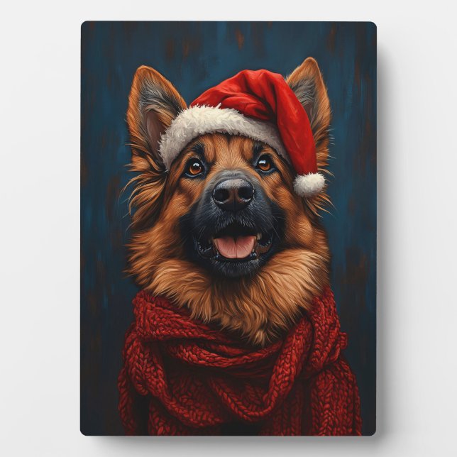 Deutscher Hirte in einer Weihnachtsmannmütze Fotoplatte (Vorderseite)