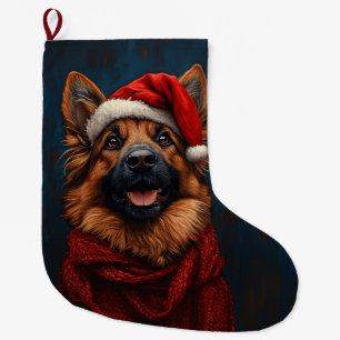Deutscher Hirte in einer Weihnachtsmannmütze Großer Weihnachtsstrumpf