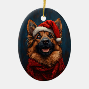 Deutscher Hirte in einer Weihnachtsmannmütze Keramik Ornament