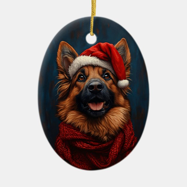 Deutscher Hirte in einer Weihnachtsmannmütze Keramik Ornament (Vorne)