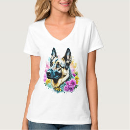 Deutscher Hirte in rosa und gelben Blumen T-Shirt