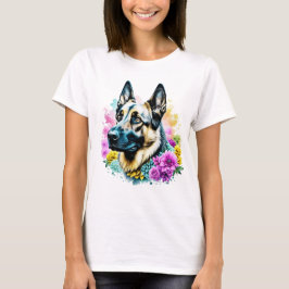 Deutscher Hirte in rosa und gelben Blumen T-Shirt
