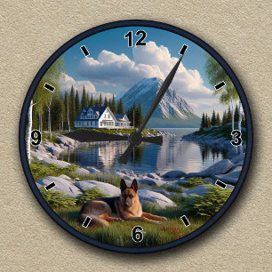 Deutscher Hirte Landschaft am Seeufer Runde Wanduhr