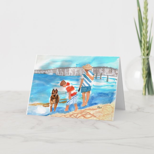 Deutscher Hirte mit Familie Wasserfarbe am Strand Dankeskarte (Vorderseite)