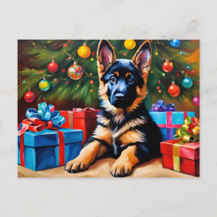 Deutscher Hirte mit Weihnachtsbaum und Geschenken Feiertagspostkarte