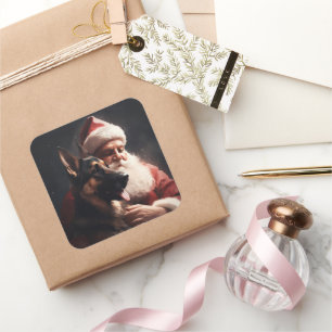 Deutscher Hirte mit Weihnachtsmann Weihnachten Quadratischer Aufkleber