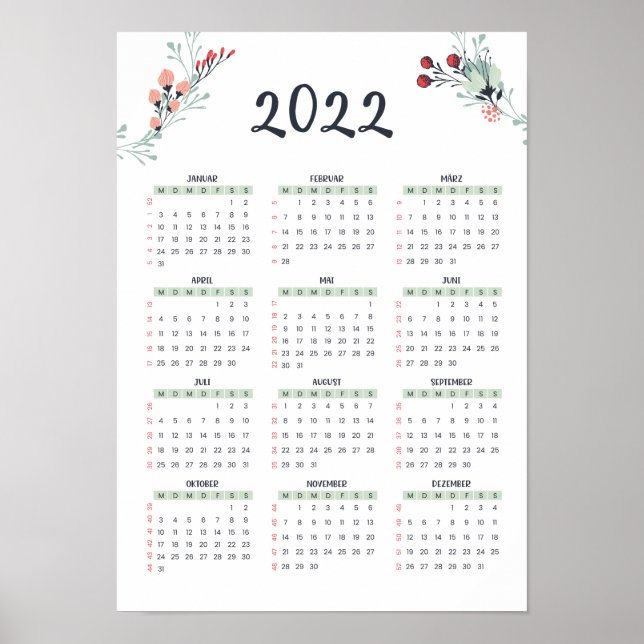 Deutscher Jahreskalender mit KW 2022 A3 Grösse Poster (Vorne)