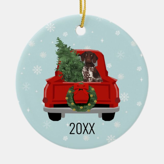 Deutscher Kurzpointer Weihnachtsroter Lkw Keramik Ornament (Vorne)