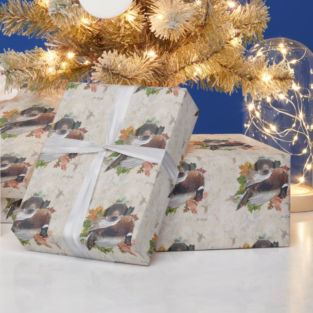 Deutscher Kurzzeiger mit Fasan-Schneeglob Geschenkpapier (Feiertage)