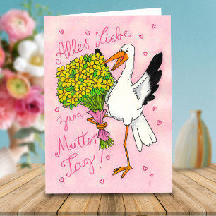 Deutscher rosa Muttertags-Storch mit Blumen  Karte
