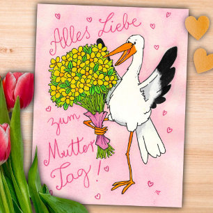 Deutscher Rosa Muttertagsstorch mit Blumen Postkarte