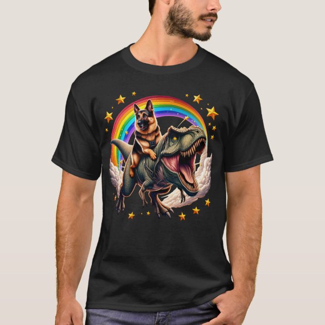 Deutscher Schäferfahrer Dinosaur Rainbow Lover T-Shirt (Vorderseite)