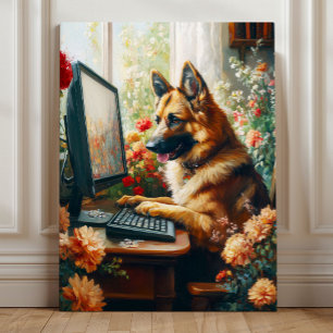 Deutscher Schäferhund am Computer – Verspieltes Hu Leinwanddruck