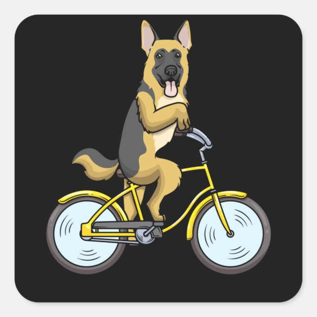 Deutscher Schäferhund auf dem Fahrrad Quadratischer Aufkleber (Vorderseite)