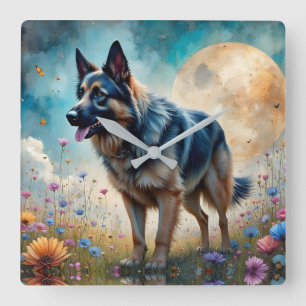 Deutscher Schäferhund auf einem Blumenfeld Quadratische Wanduhr