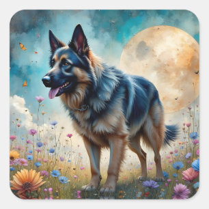 Deutscher Schäferhund auf einem Blumenfeld Quadratischer Aufkleber