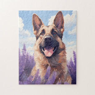 Deutscher Schäferhund auf Lavendelfeld Puzzle