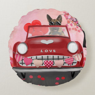 Deutscher Schäferhund Auto mit Herzen Valentinstag Rundes Kissen
