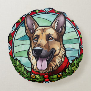 Deutscher Schäferhund Buntglas Weihnachten Rundes Kissen
