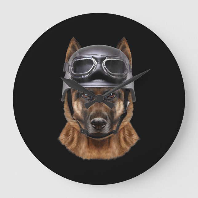Deutscher Schäferhund, Fahrrad in Motorradhelm Große Wanduhr (Vorderseite)