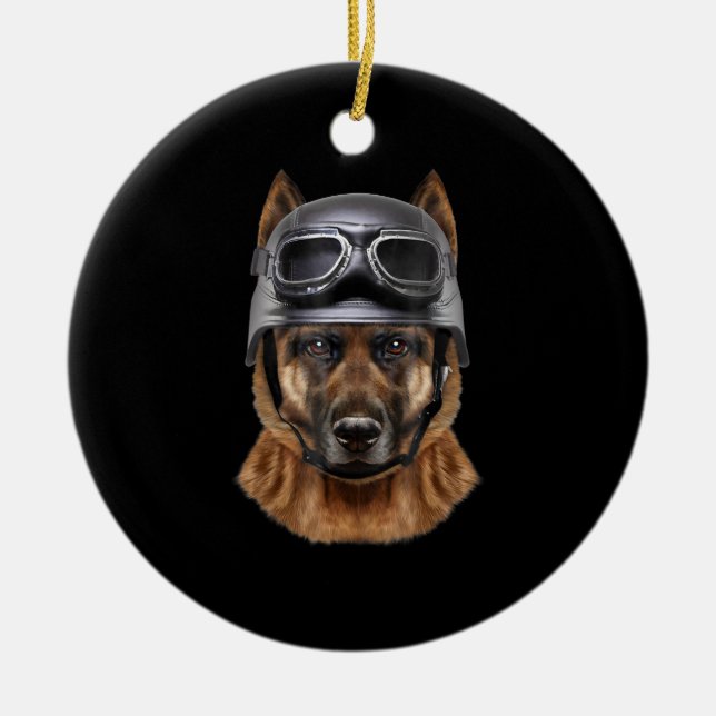 Deutscher Schäferhund, Fahrrad in Motorradhelm Keramik Ornament (Vorne)