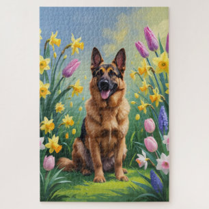 Deutscher Schäferhund Frühlingsblumen Malerei  Puzzle