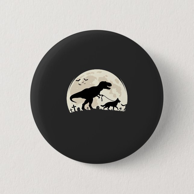 Deutscher Schäferhund Halloween Dinosaur Mond Silh Button (Vorderseite)