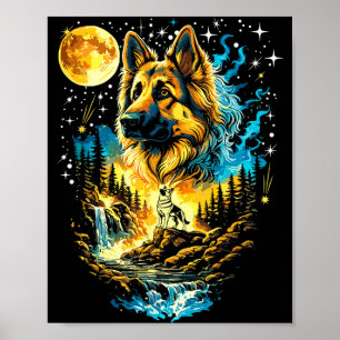 Deutscher Schäferhund heult zum Mond vintageGer Poster