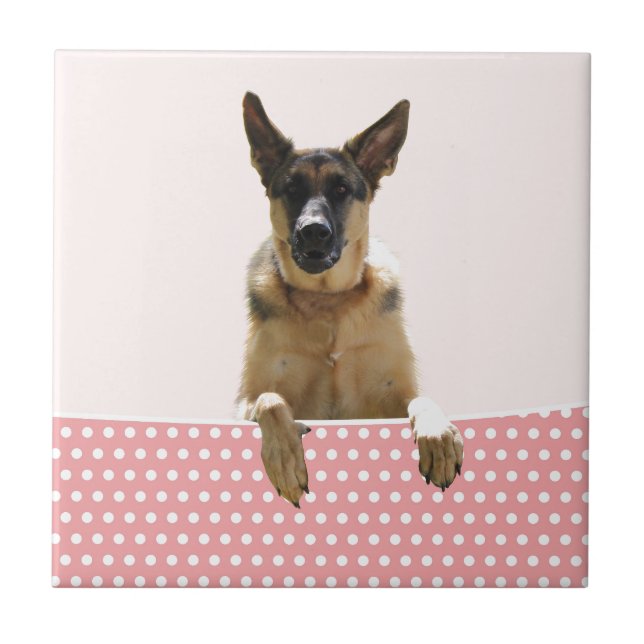 Deutscher Schäferhund Hund Pink Polka Dots Fliese (Vorderseite)