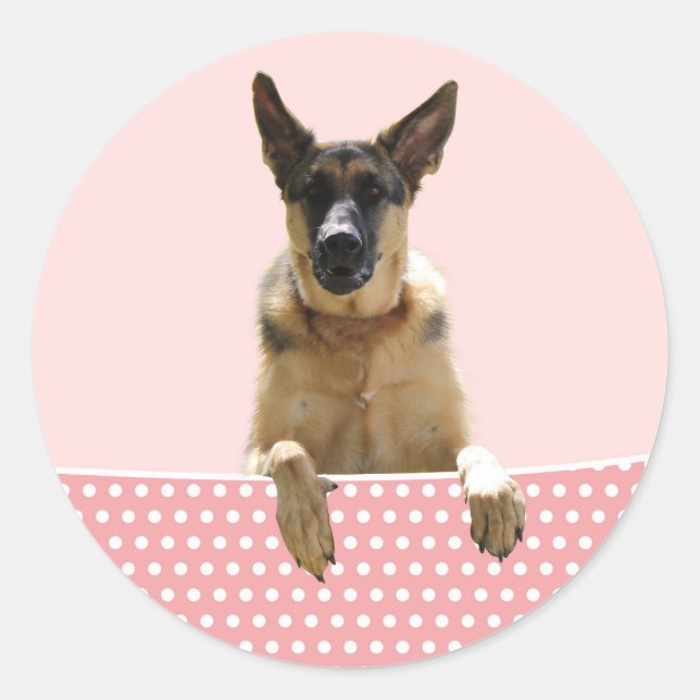 Deutscher Schäferhund Hund Pink Polka Dots Runder Aufkleber (Vorderseite)
