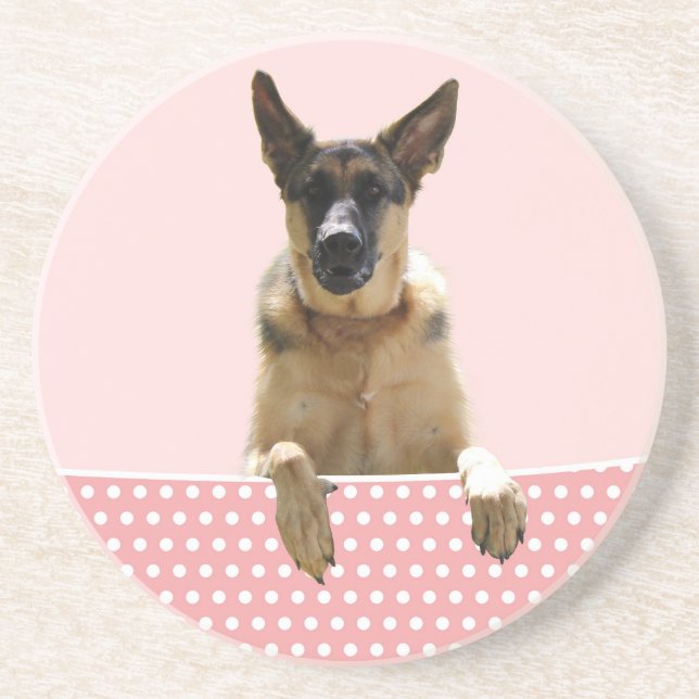 Deutscher Schäferhund Hund Pink Polka Dots Sandstein Untersetzer (Vorne)