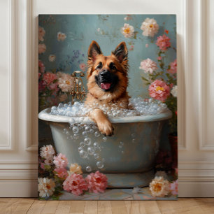 Deutscher Schäferhund im Bad – Whimsische Blumenmu Leinwanddruck