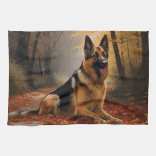 Deutscher Schäferhund im Herbstlaubfall inspiriert Geschirrtuch