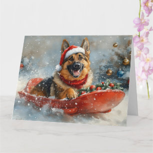 Deutscher Schäferhund im Schlitten Schnee Weihnach Karte