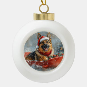 Deutscher Schäferhund im Schlitten Schnee Weihnach Keramik Kugel-Ornament