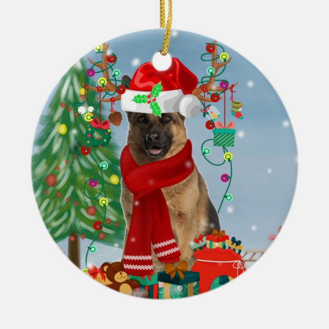 Deutscher Schäferhund im Schnee mit Weihnachtsgesc Keramik Ornament (Vorne)