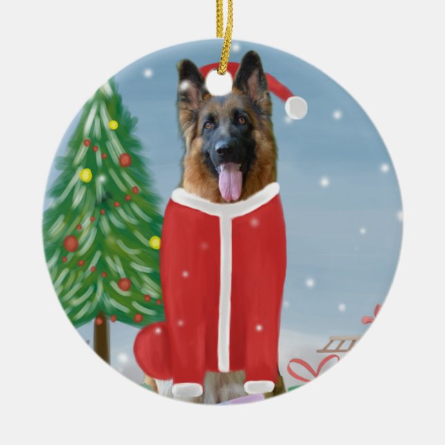 Deutscher Schäferhund im Schnee mit Weihnachtsgesc Keramik Ornament (Vorne)
