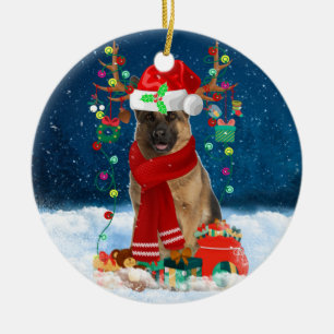 Deutscher Schäferhund im Schnee mit Weihnachtsgesc Keramik Ornament