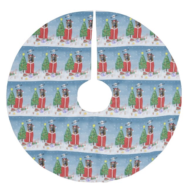 Deutscher Schäferhund im Schnee mit Weihnachtsgesc Polyester Weihnachtsbaumdecke (Vorderseite)