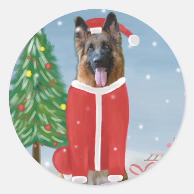 Deutscher Schäferhund im Schnee mit Weihnachtsgesc Runder Aufkleber (Vorderseite)