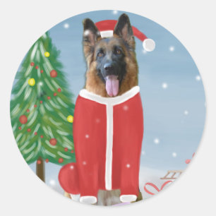 Deutscher Schäferhund im Schnee mit Weihnachtsgesc Runder Aufkleber