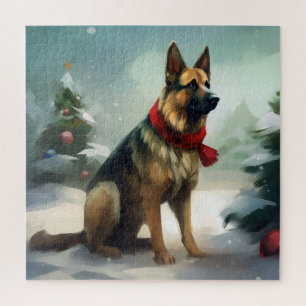 Deutscher Schäferhund im Schnee Weihnachten Puzzle
