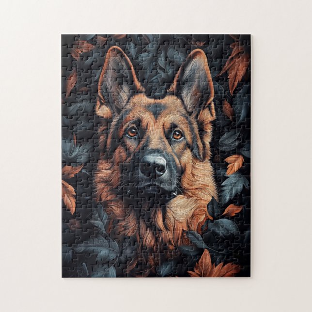 Deutscher Schäferhund in Blättern Puzzle (Vertikal)
